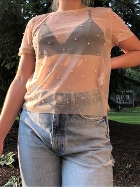 Zara Peach Sheer Pearl-Embellished Short Sleeve Top